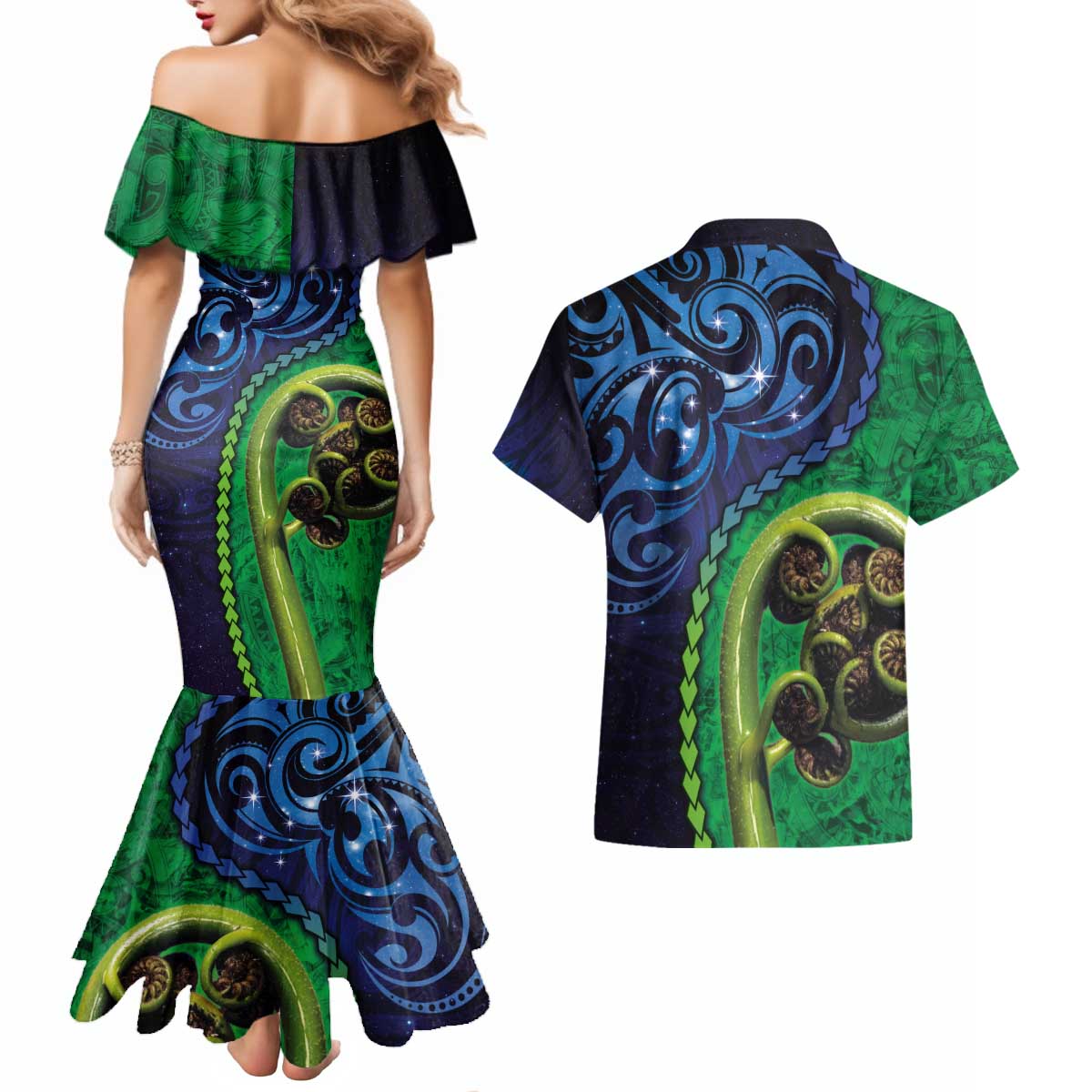 New Zealand Matariki Fern Frond Koru Couples Matching Mermaid Dress and Hawaiian Shirt with Galaxy Blue Sky and Green Paua Shell Art