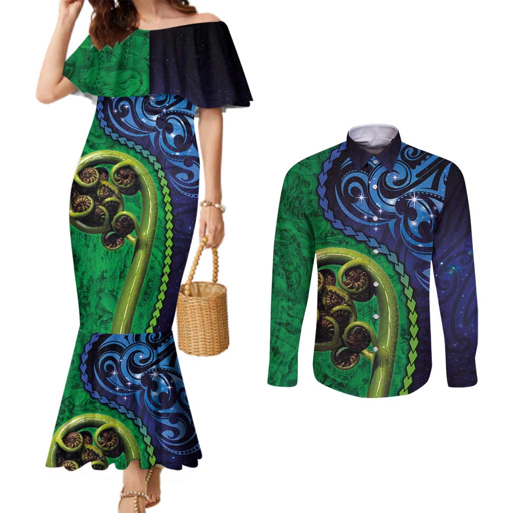 New Zealand Matariki Fern Frond Koru Couples Matching Mermaid Dress and Long Sleeve Button Shirt with Galaxy Blue Sky and Green Paua Shell Art