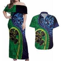 New Zealand Matariki Fern Frond Koru Couples Matching Off Shoulder Maxi Dress and Hawaiian Shirt with Galaxy Blue Sky and Green Paua Shell Art
