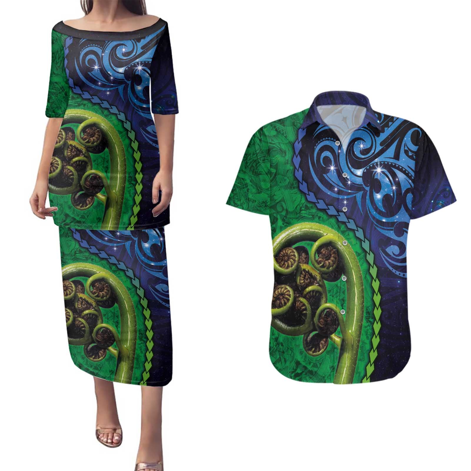 New Zealand Matariki Fern Frond Koru Couples Matching Puletasi and Hawaiian Shirt with Galaxy Blue Sky and Green Paua Shell Art