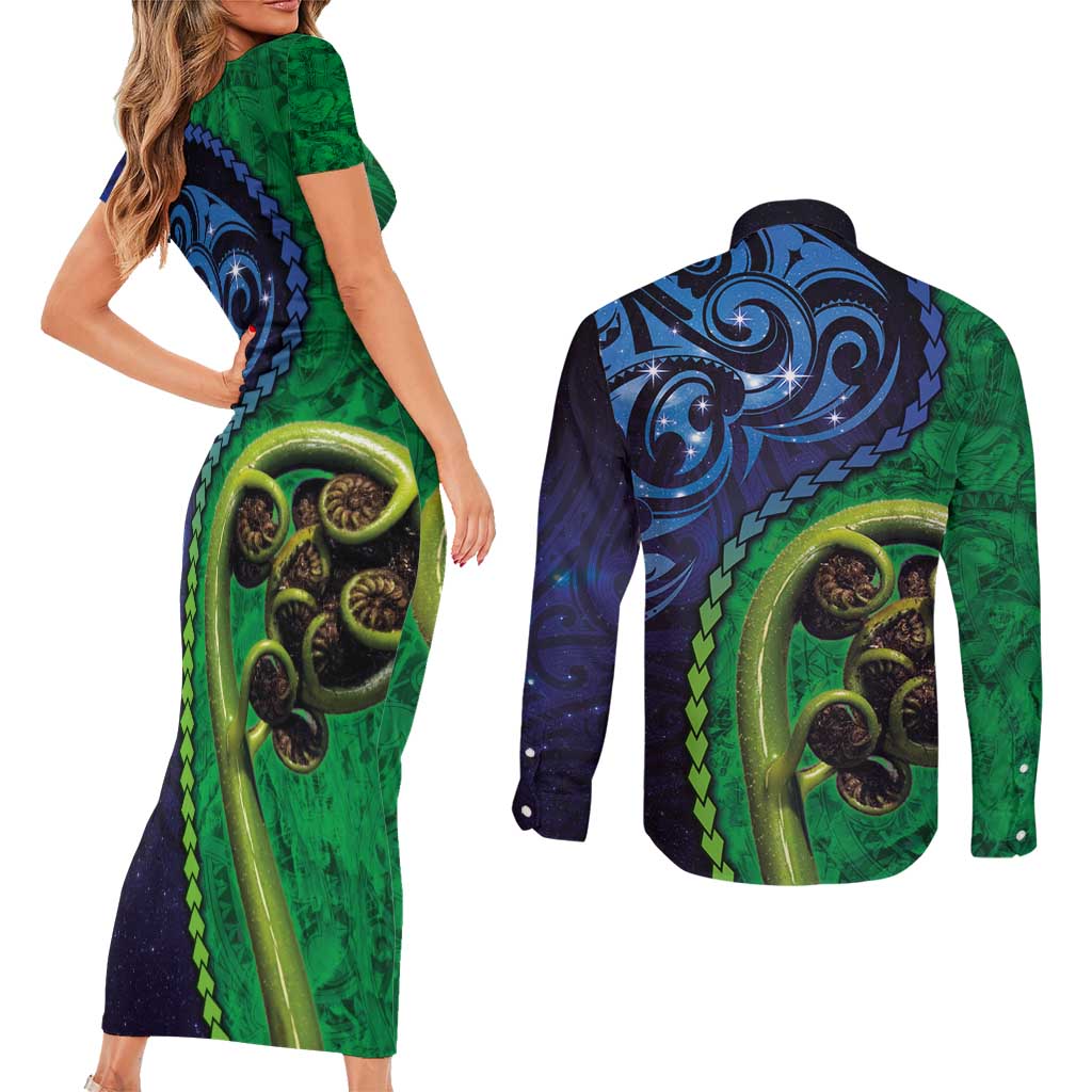 New Zealand Matariki Fern Frond Koru Couples Matching Short Sleeve Bodycon Dress and Long Sleeve Button Shirt with Galaxy Blue Sky and Green Paua Shell Art
