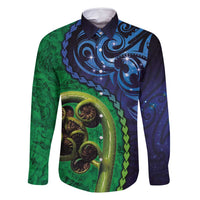 New Zealand Matariki Fern Frond Koru Family Matching Long Sleeve Bodycon Dress and Hawaiian Shirt with Galaxy Blue Sky and Green Paua Shell Art