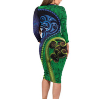 New Zealand Matariki Fern Frond Koru Family Matching Long Sleeve Bodycon Dress and Hawaiian Shirt with Galaxy Blue Sky and Green Paua Shell Art