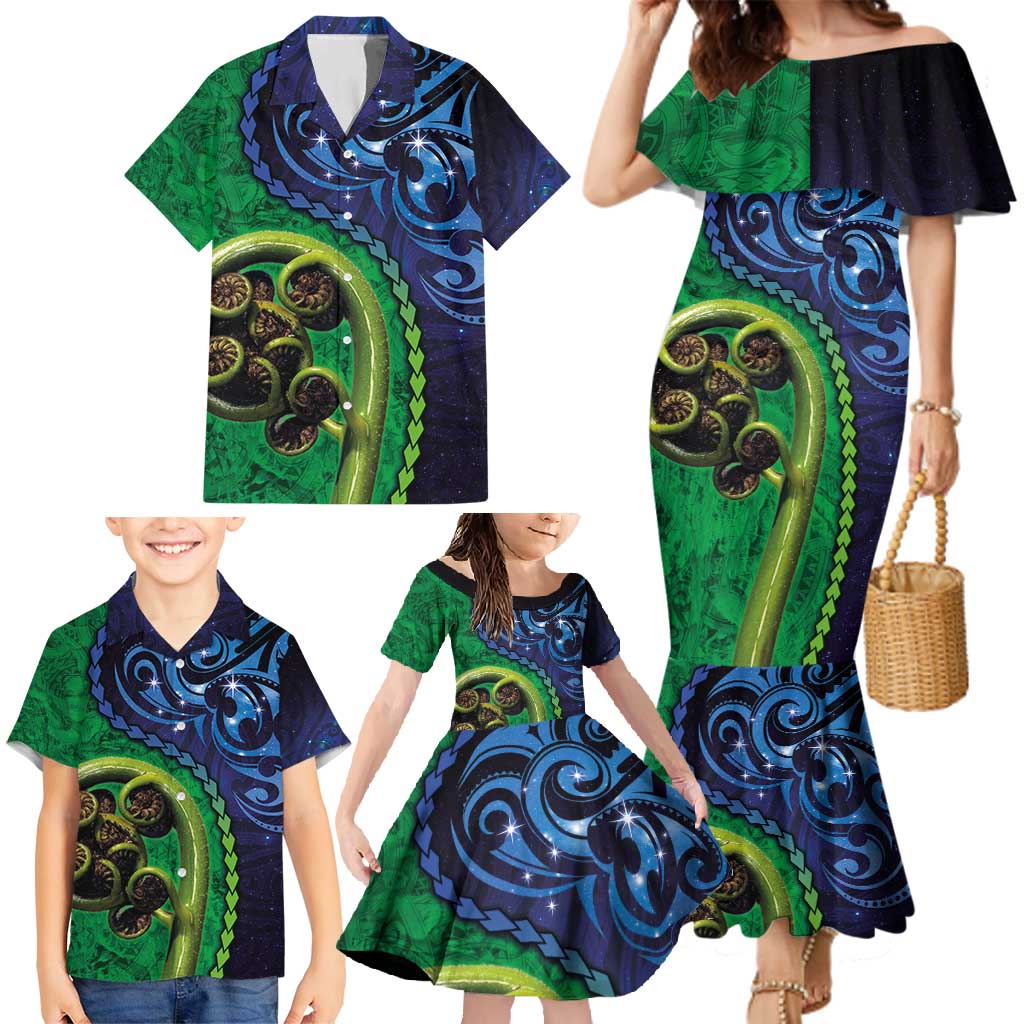 New Zealand Matariki Fern Frond Koru Family Matching Mermaid Dress and Hawaiian Shirt with Galaxy Blue Sky and Green Paua Shell Art