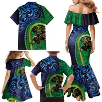 New Zealand Matariki Fern Frond Koru Family Matching Mermaid Dress and Hawaiian Shirt with Galaxy Blue Sky and Green Paua Shell Art