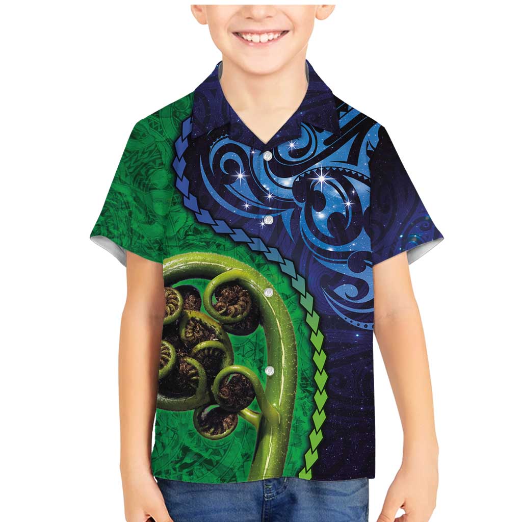 New Zealand Matariki Fern Frond Koru Family Matching Mermaid Dress and Hawaiian Shirt with Galaxy Blue Sky and Green Paua Shell Art