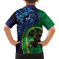 New Zealand Matariki Fern Frond Koru Family Matching Off The Shoulder Long Sleeve Dress and Hawaiian Shirt with Galaxy Blue Sky and Green Paua Shell Art