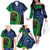 New Zealand Matariki Fern Frond Koru Family Matching Off The Shoulder Long Sleeve Dress and Hawaiian Shirt with Galaxy Blue Sky and Green Paua Shell Art