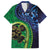 New Zealand Matariki Fern Frond Koru Family Matching Off The Shoulder Long Sleeve Dress and Hawaiian Shirt with Galaxy Blue Sky and Green Paua Shell Art