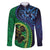 New Zealand Matariki Fern Frond Koru Family Matching Off The Shoulder Long Sleeve Dress and Hawaiian Shirt with Galaxy Blue Sky and Green Paua Shell Art