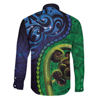 New Zealand Matariki Fern Frond Koru Family Matching Off The Shoulder Long Sleeve Dress and Hawaiian Shirt with Galaxy Blue Sky and Green Paua Shell Art