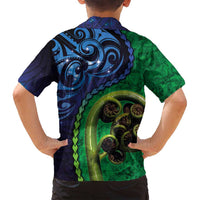 New Zealand Matariki Fern Frond Koru Family Matching Off Shoulder Short Dress and Hawaiian Shirt with Galaxy Blue Sky and Green Paua Shell Art