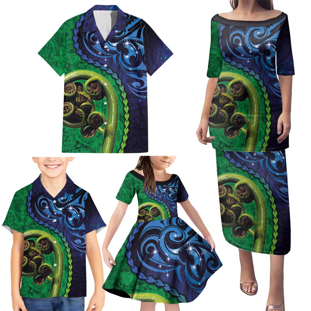 New Zealand Matariki Fern Frond Koru Family Matching Puletasi and Hawaiian Shirt with Galaxy Blue Sky and Green Paua Shell Art