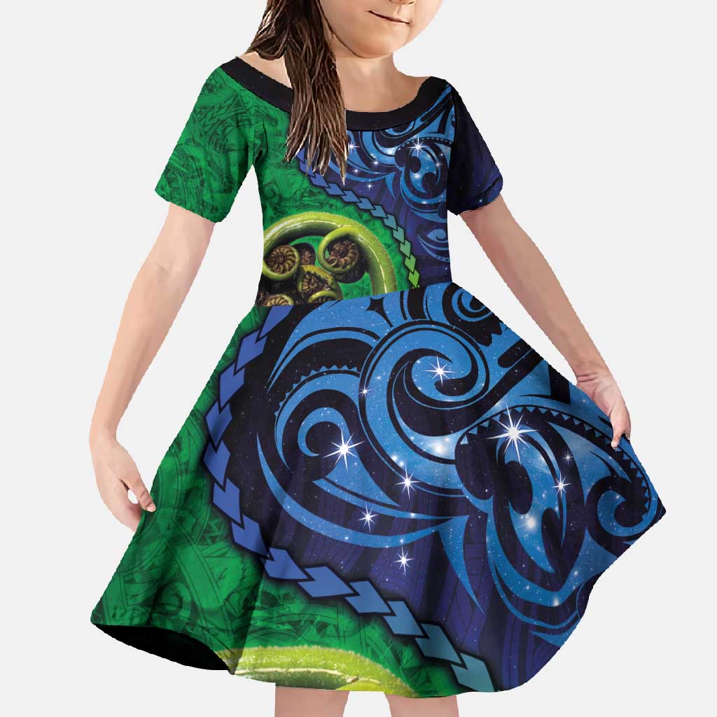 New Zealand Matariki Fern Frond Koru Family Matching Short Sleeve Bodycon Dress and Hawaiian Shirt with Galaxy Blue Sky and Green Paua Shell Art