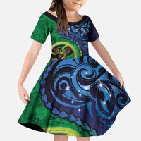 New Zealand Matariki Fern Frond Koru Family Matching Summer Maxi Dress and Hawaiian Shirt with Galaxy Blue Sky and Green Paua Shell Art LT03 Daughter's Dress Blue - Polynesian Pride