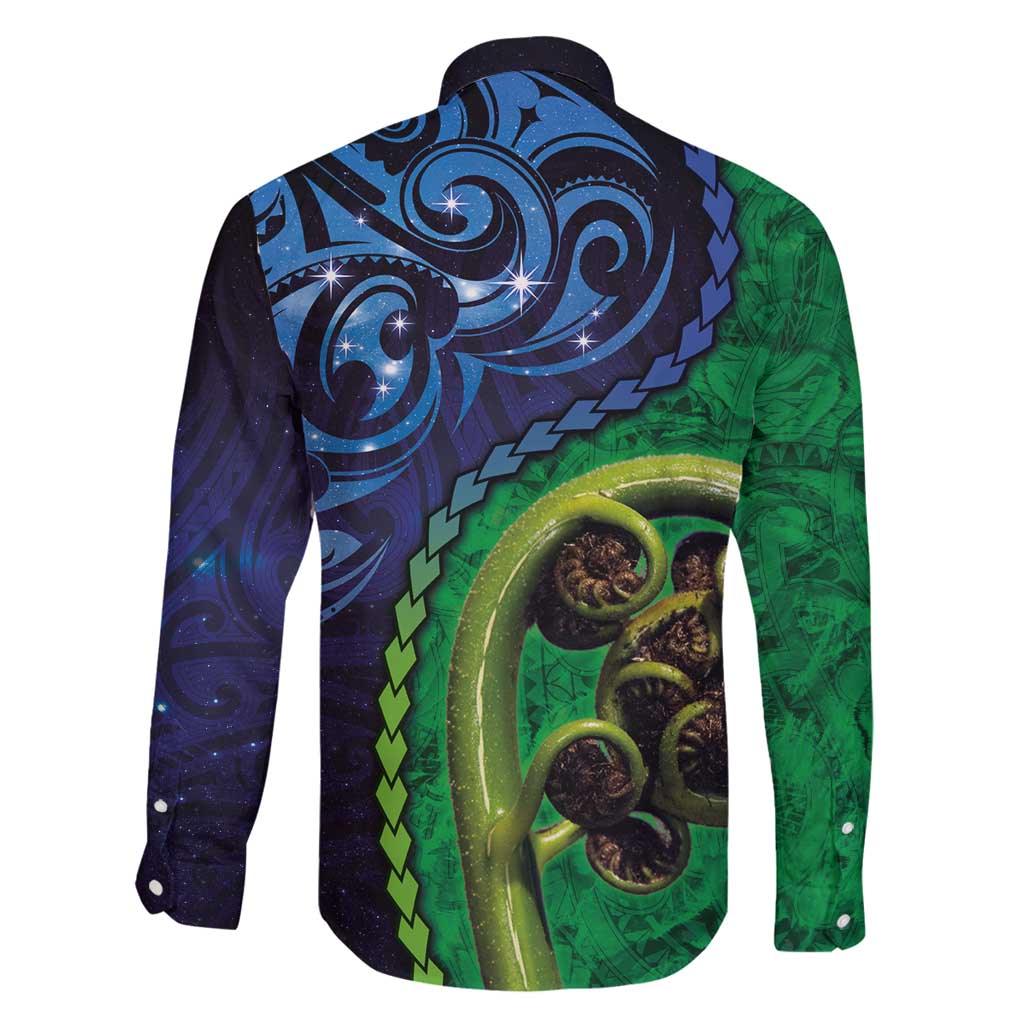 New Zealand Matariki Fern Frond Koru Family Matching Summer Maxi Dress and Hawaiian Shirt with Galaxy Blue Sky and Green Paua Shell Art LT03 - Polynesian Pride