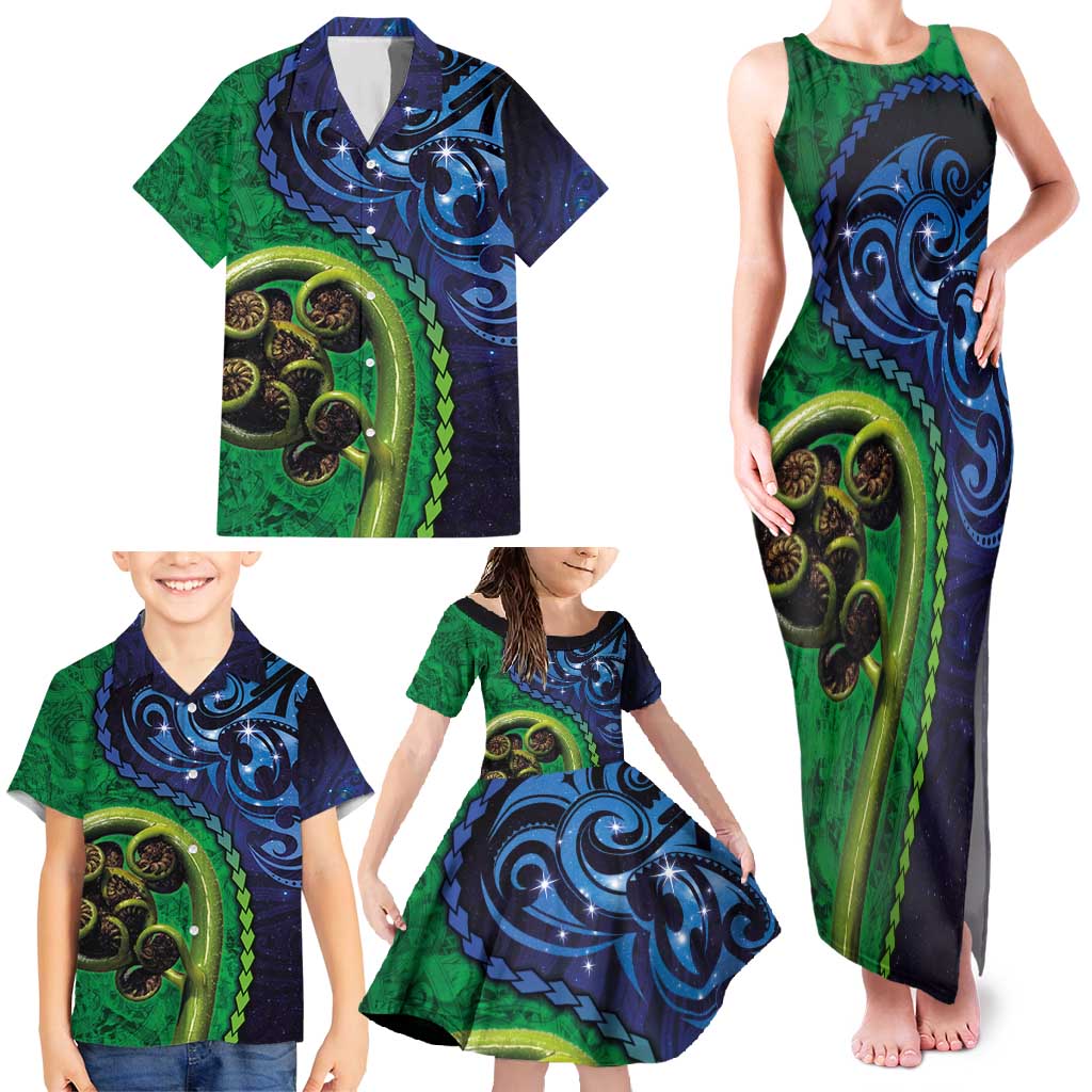 New Zealand Matariki Fern Frond Koru Family Matching Tank Maxi Dress and Hawaiian Shirt with Galaxy Blue Sky and Green Paua Shell Art