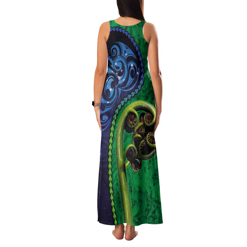 New Zealand Matariki Fern Frond Koru Family Matching Tank Maxi Dress and Hawaiian Shirt with Galaxy Blue Sky and Green Paua Shell Art