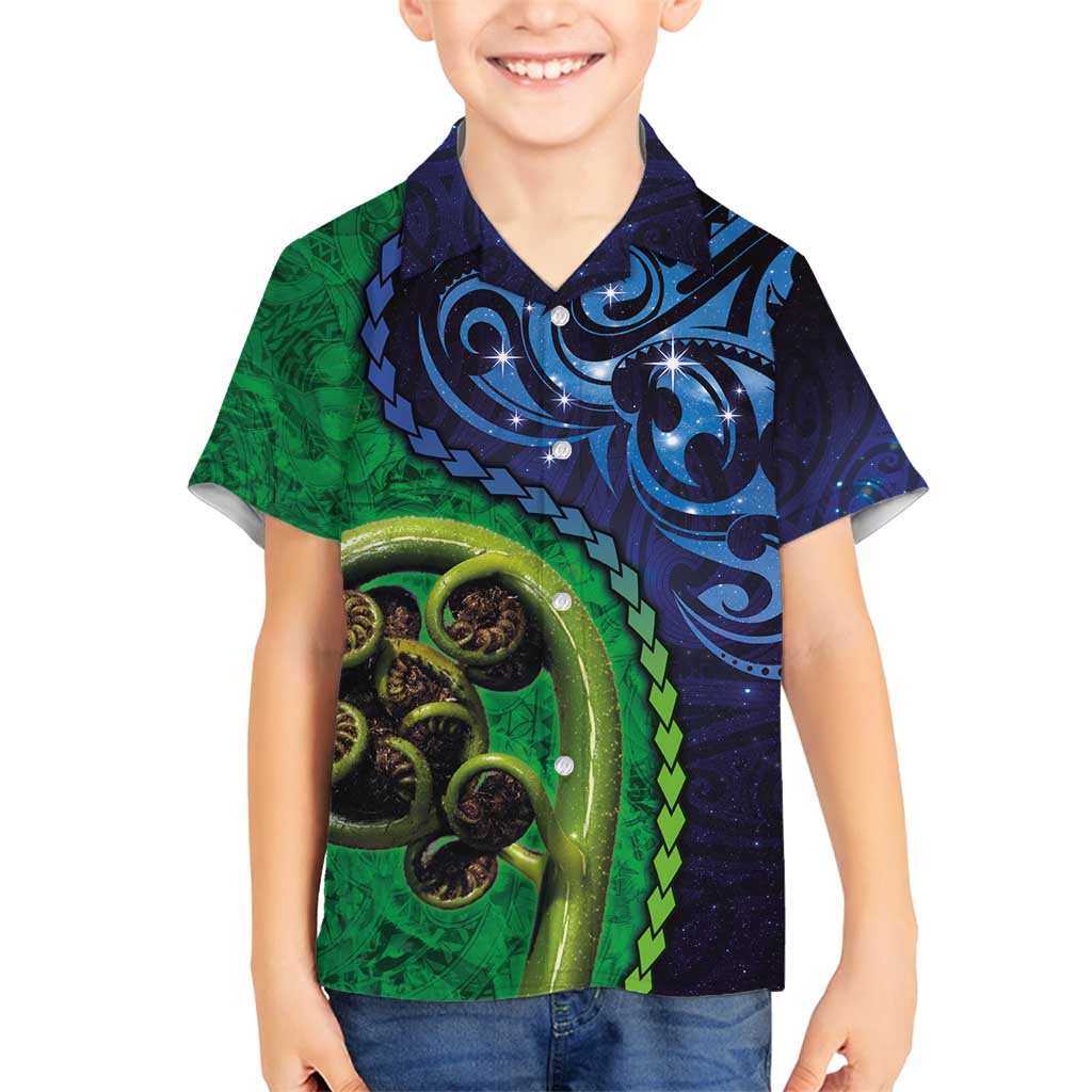New Zealand Matariki Fern Frond Koru Family Matching Tank Maxi Dress and Hawaiian Shirt with Galaxy Blue Sky and Green Paua Shell Art