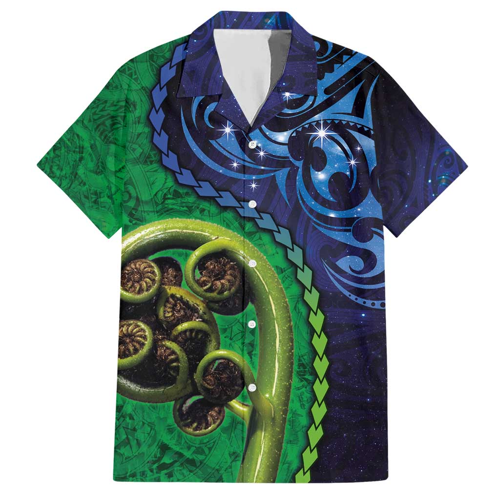 New Zealand Matariki Fern Frond Koru Hawaiian Shirt with Galaxy Blue Sky and Green Paua Shell Art LT03 Blue - Polynesian Pride