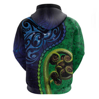 New Zealand Matariki Fern Frond Koru Hoodie with Galaxy Blue Sky and Green Paua Shell Art