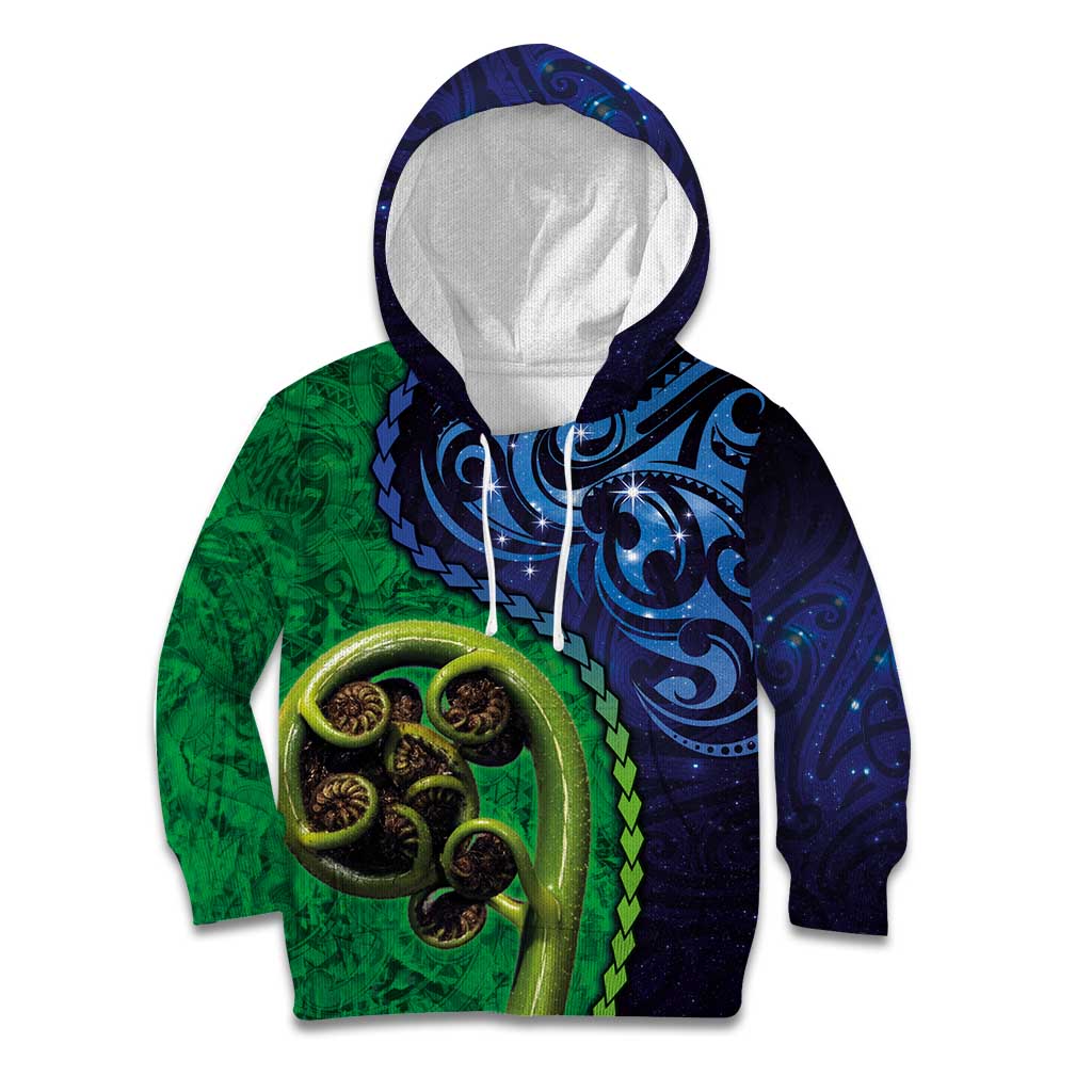 New Zealand Matariki Fern Frond Koru Kid Hoodie with Galaxy Blue Sky and Green Paua Shell Art