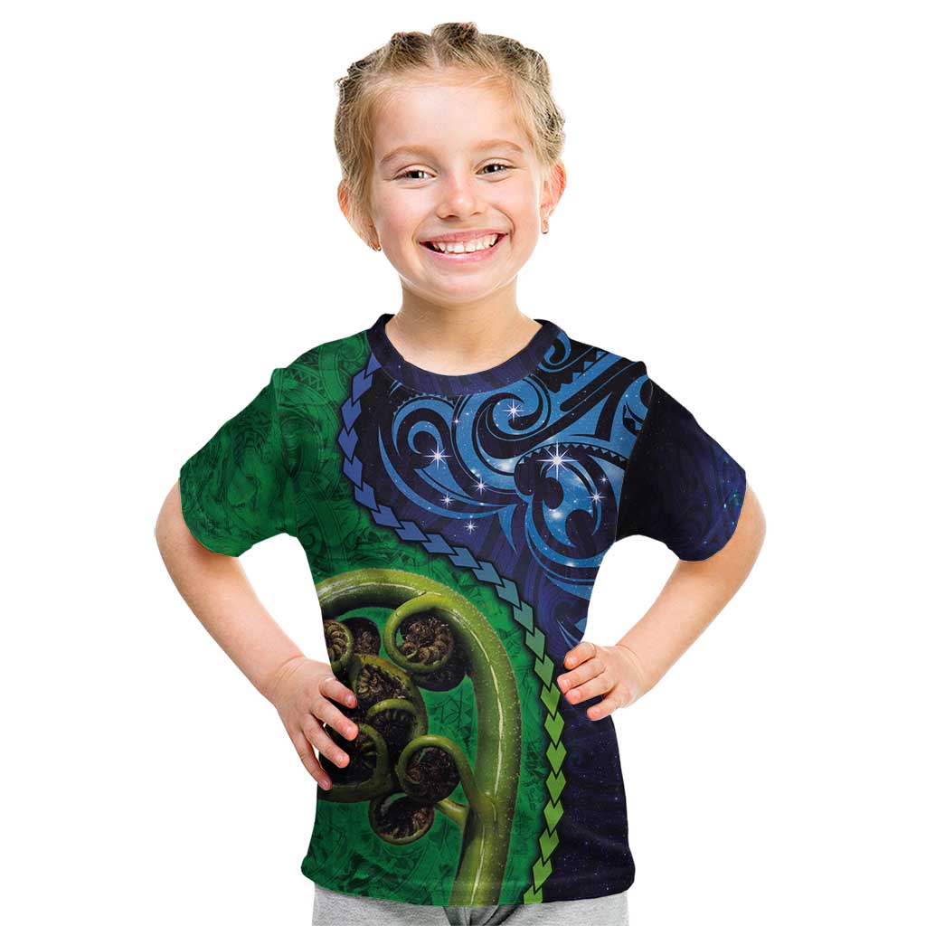 New Zealand Matariki Fern Frond Koru Kid T Shirt with Galaxy Blue Sky and Green Paua Shell Art