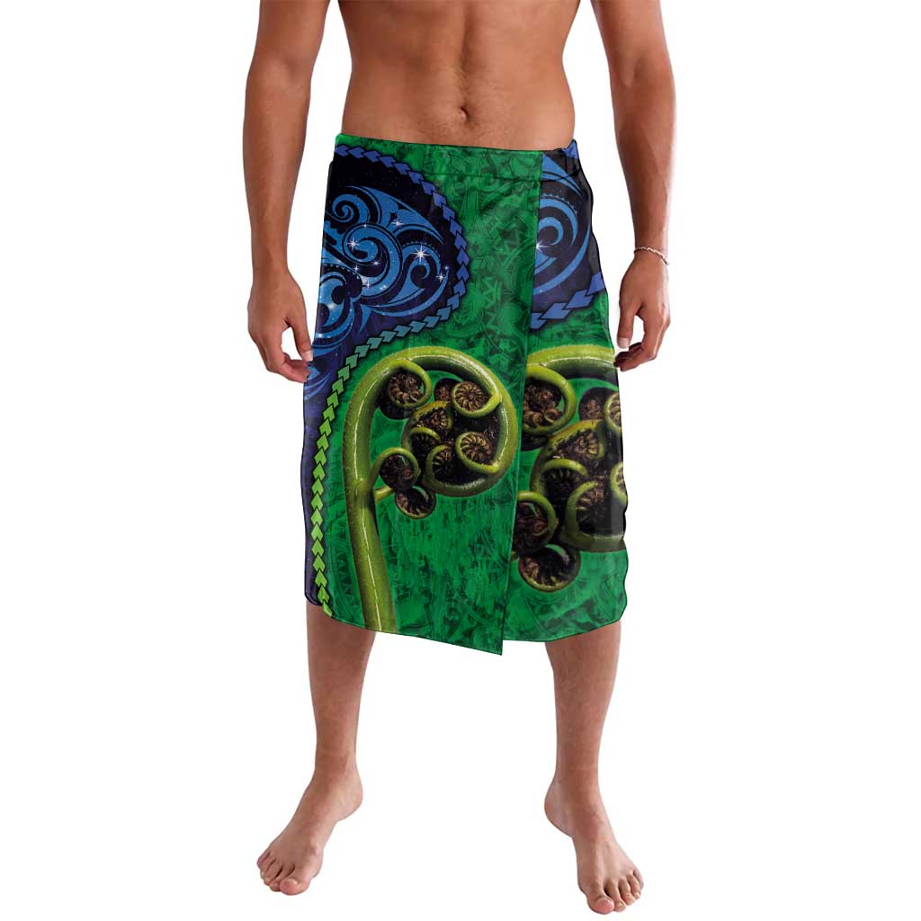 New Zealand Matariki Fern Frond Koru Lavalava with Galaxy Blue Sky and Green Paua Shell Art