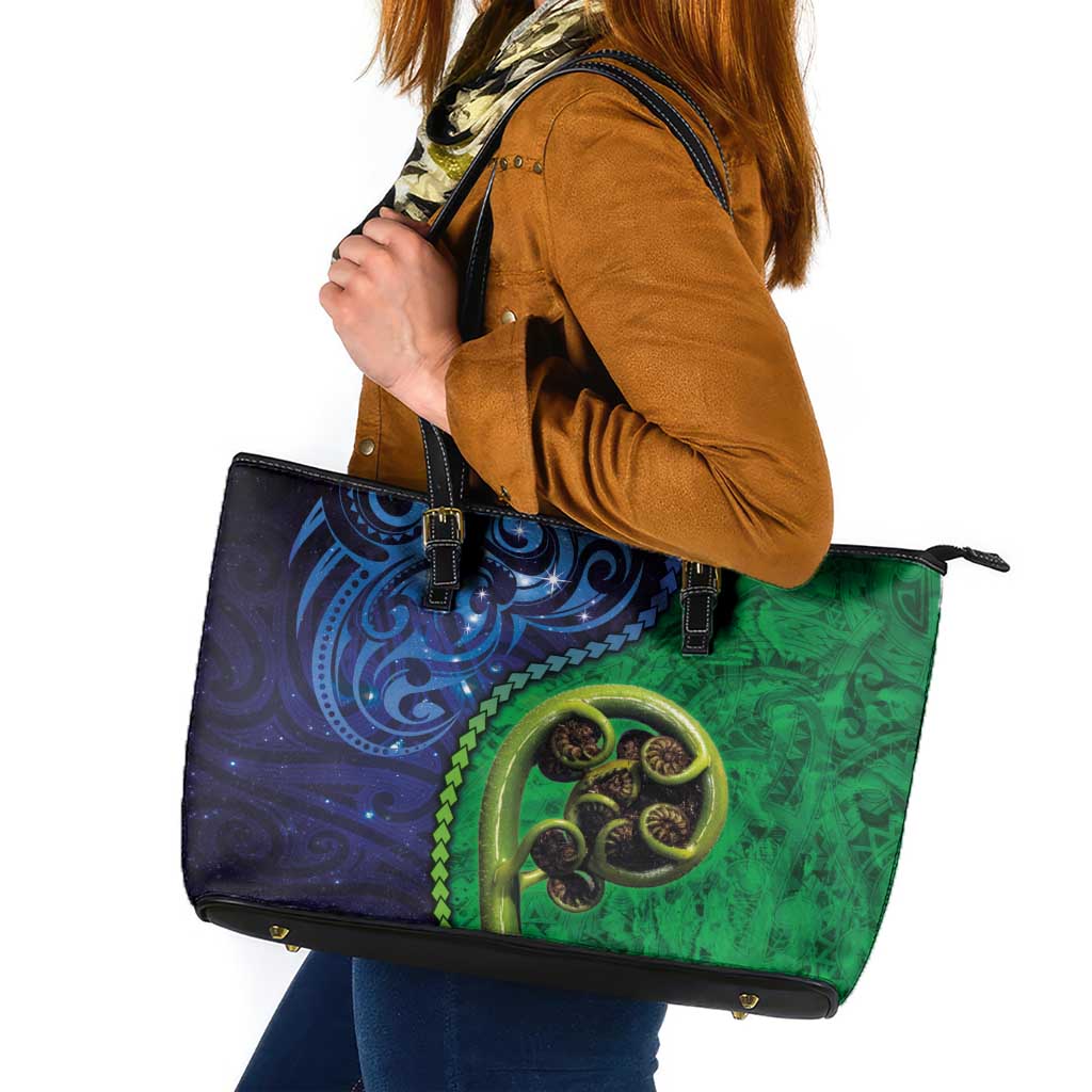 New Zealand Matariki Fern Frond Koru Leather Tote Bag with Galaxy Blue Sky and Green Paua Shell Art