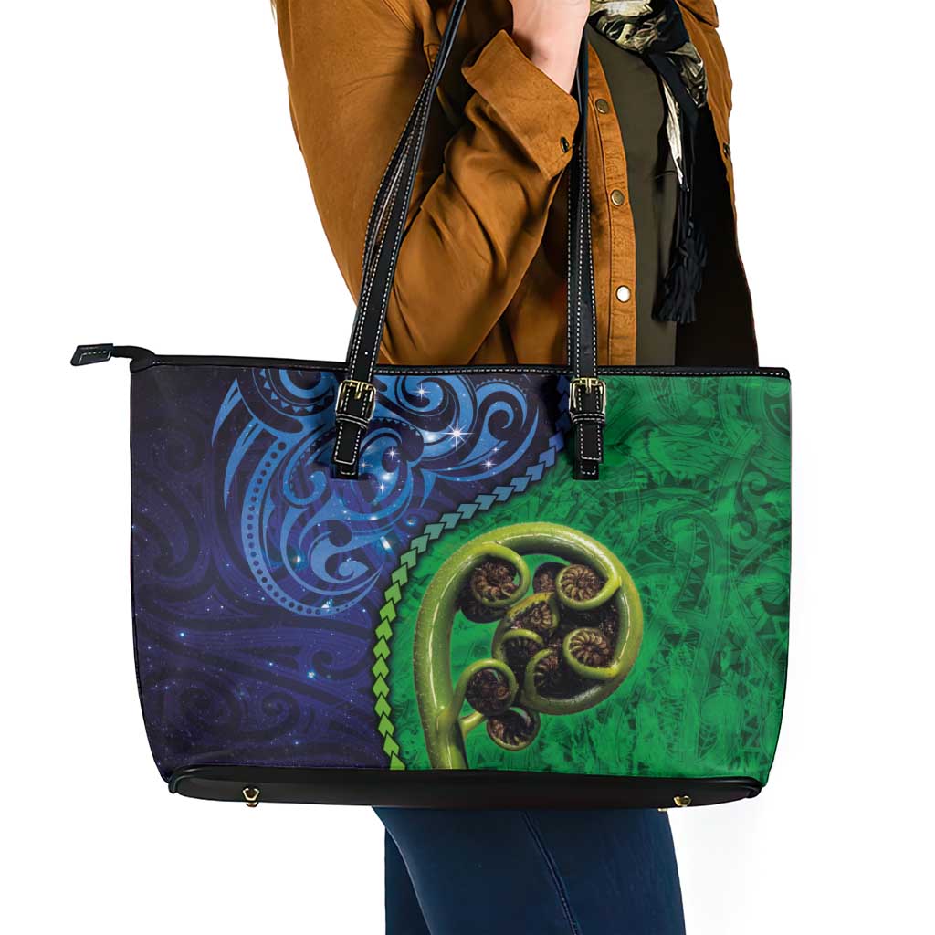 New Zealand Matariki Fern Frond Koru Leather Tote Bag with Galaxy Blue Sky and Green Paua Shell Art