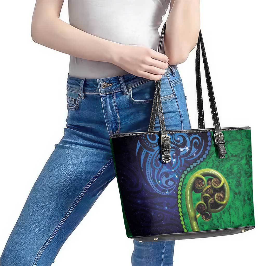 New Zealand Matariki Fern Frond Koru Leather Tote Bag with Galaxy Blue Sky and Green Paua Shell Art