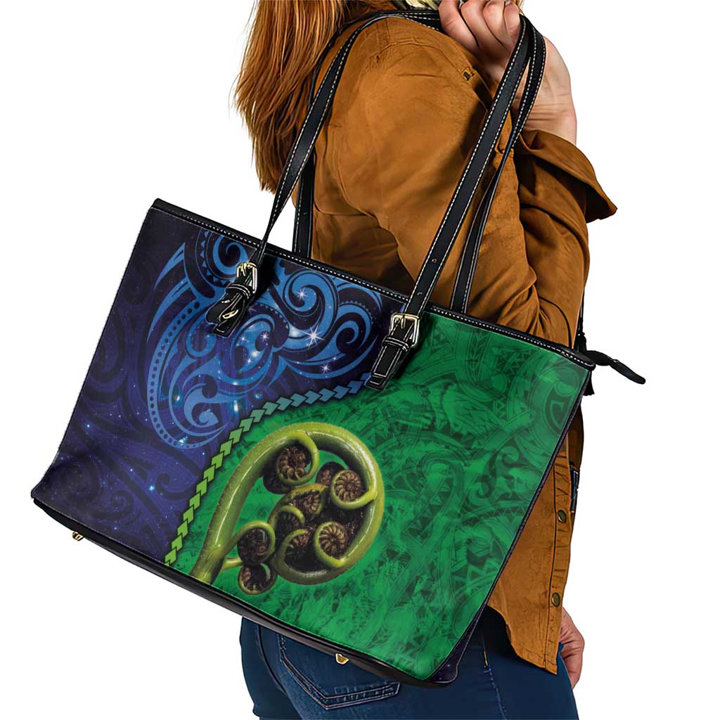 New Zealand Matariki Fern Frond Koru Leather Tote Bag with Galaxy Blue Sky and Green Paua Shell Art