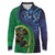 New Zealand Matariki Fern Frond Koru Long Sleeve Polo Shirt with Galaxy Blue Sky and Green Paua Shell Art