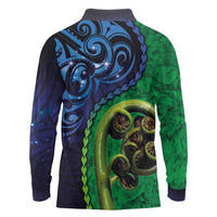 New Zealand Matariki Fern Frond Koru Long Sleeve Polo Shirt with Galaxy Blue Sky and Green Paua Shell Art