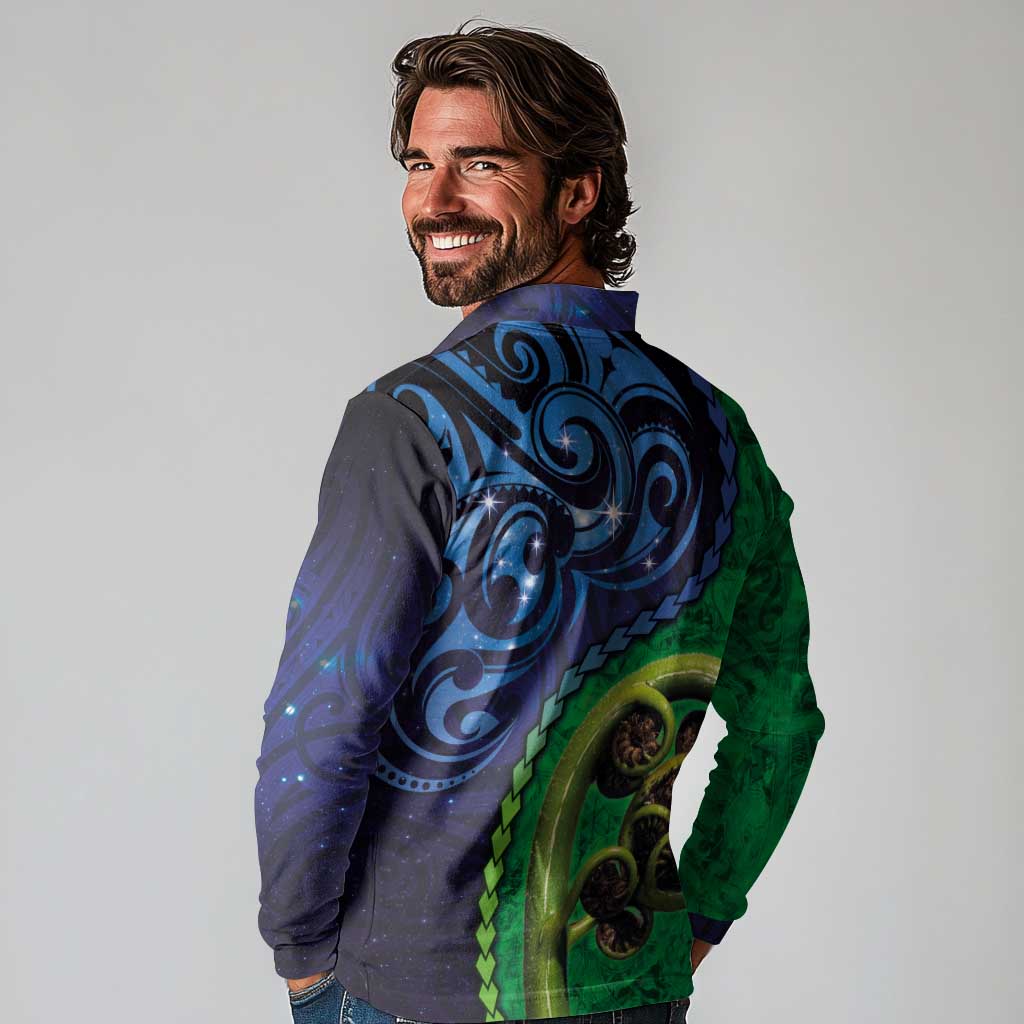 New Zealand Matariki Fern Frond Koru Long Sleeve Polo Shirt with Galaxy Blue Sky and Green Paua Shell Art