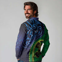 New Zealand Matariki Fern Frond Koru Long Sleeve Polo Shirt with Galaxy Blue Sky and Green Paua Shell Art