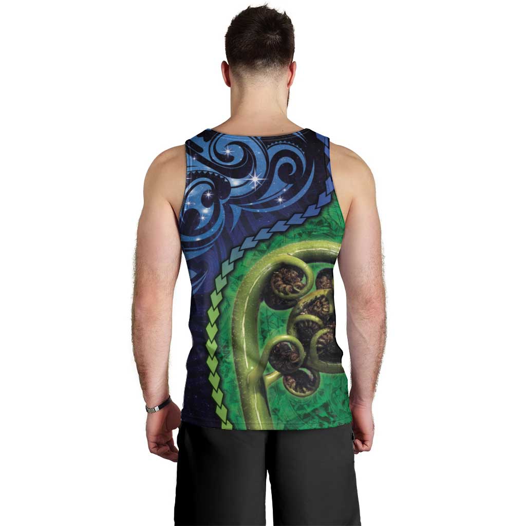 New Zealand Matariki Fern Frond Koru Men Tank Top with Galaxy Blue Sky and Green Paua Shell Art