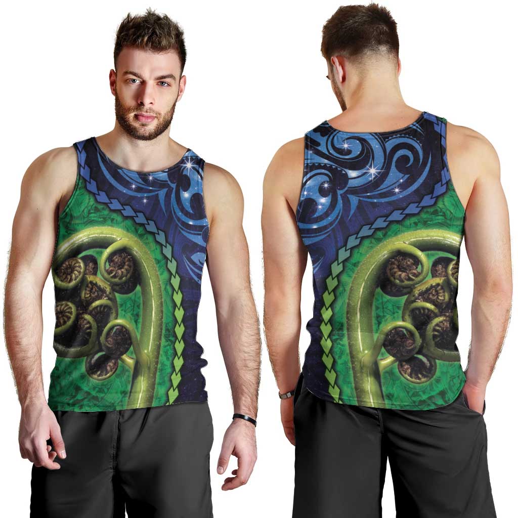 New Zealand Matariki Fern Frond Koru Men Tank Top with Galaxy Blue Sky and Green Paua Shell Art