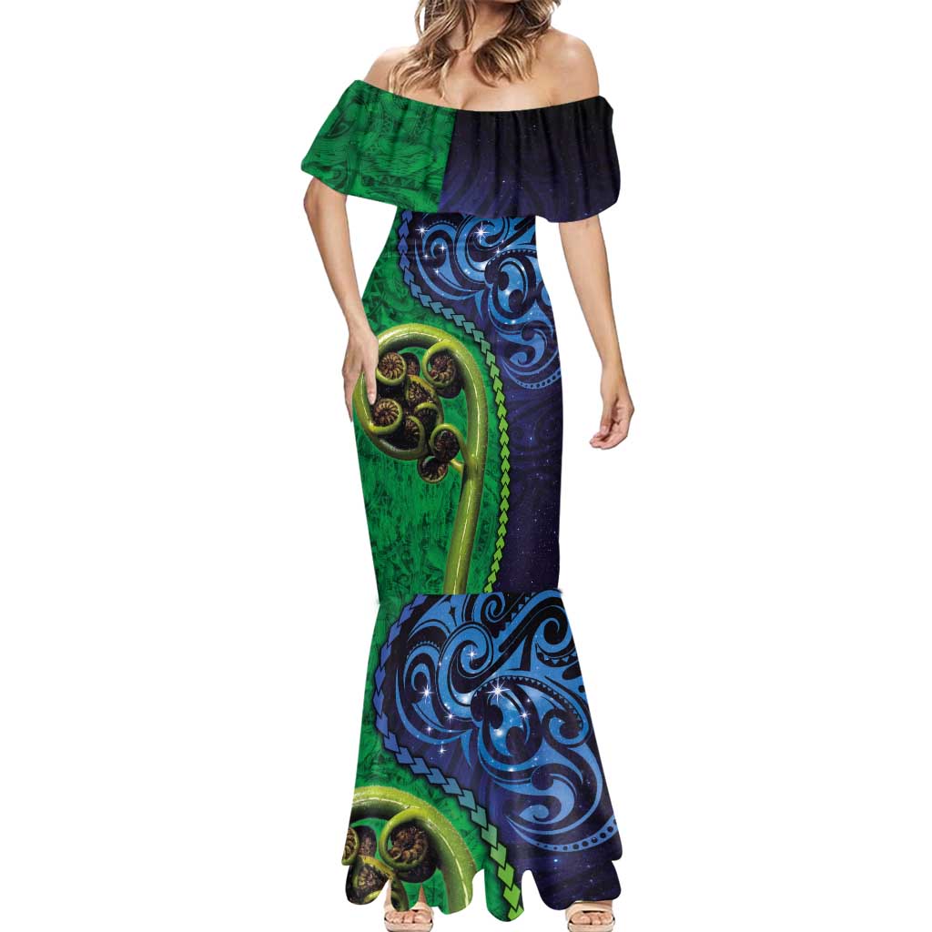 New Zealand Matariki Fern Frond Koru Mermaid Dress with Galaxy Blue Sky and Green Paua Shell Art