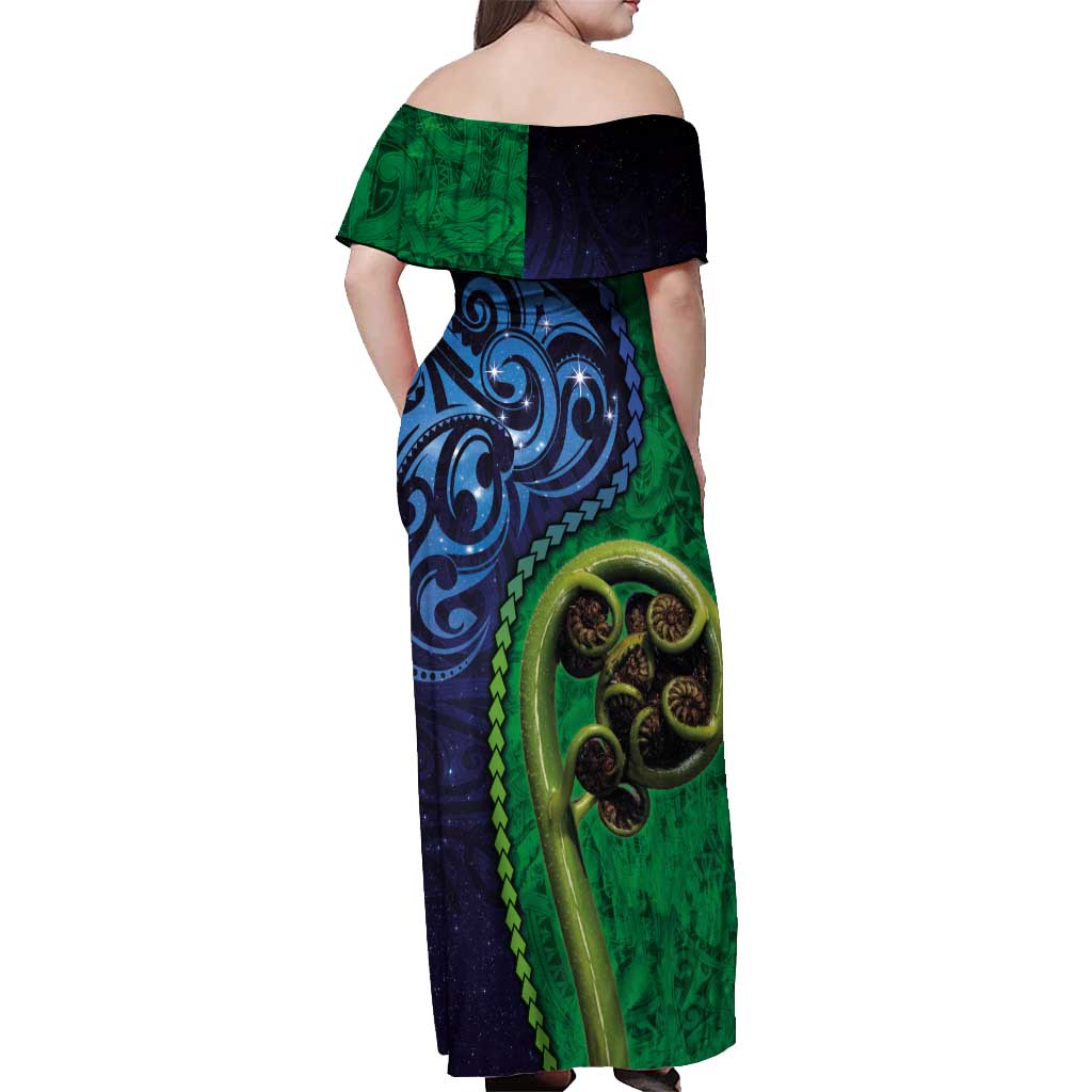 New Zealand Matariki Fern Frond Koru Off Shoulder Maxi Dress with Galaxy Blue Sky and Green Paua Shell Art