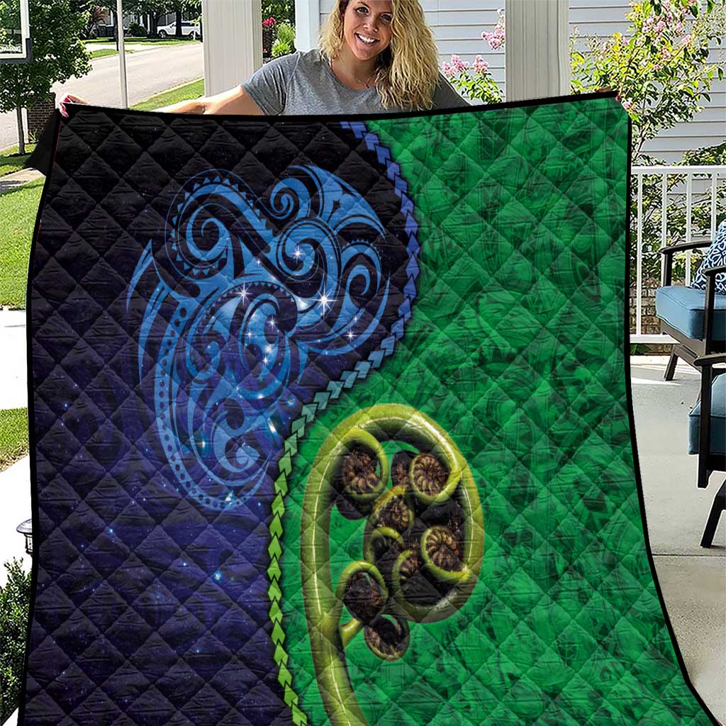 New Zealand Matariki Fern Frond Koru Quilt with Galaxy Blue Sky and Green Paua Shell Art LT03 Blue - Polynesian Pride