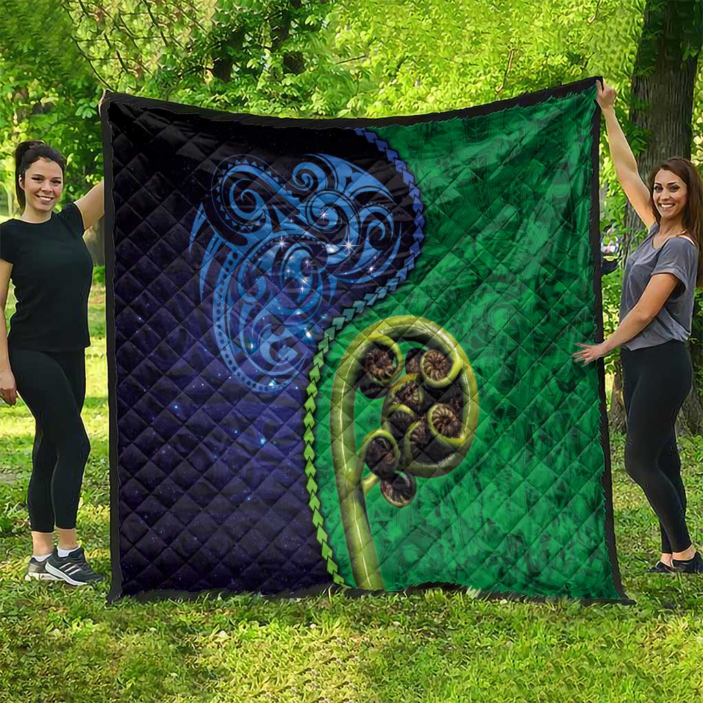 New Zealand Matariki Fern Frond Koru Quilt with Galaxy Blue Sky and Green Paua Shell Art