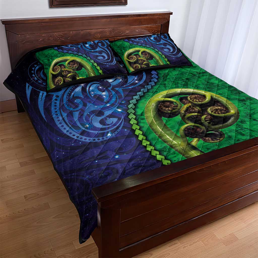 New Zealand Matariki Fern Frond Koru Quilt Bed Set with Galaxy Blue Sky and Green Paua Shell Art