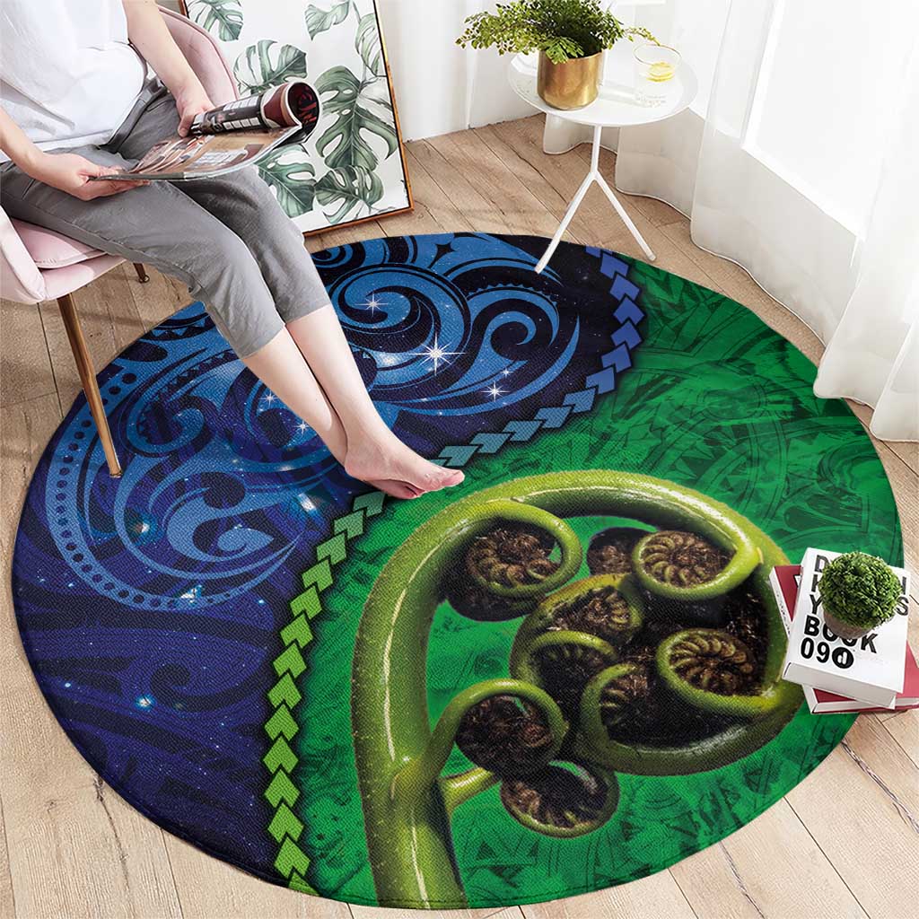 New Zealand Matariki Fern Frond Koru Round Carpet with Galaxy Blue Sky and Green Paua Shell Art