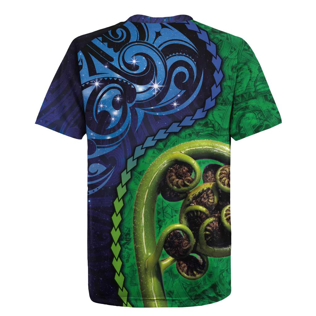 New Zealand Matariki Fern Frond Koru Rugby Jersey with Galaxy Blue Sky and Green Paua Shell Art