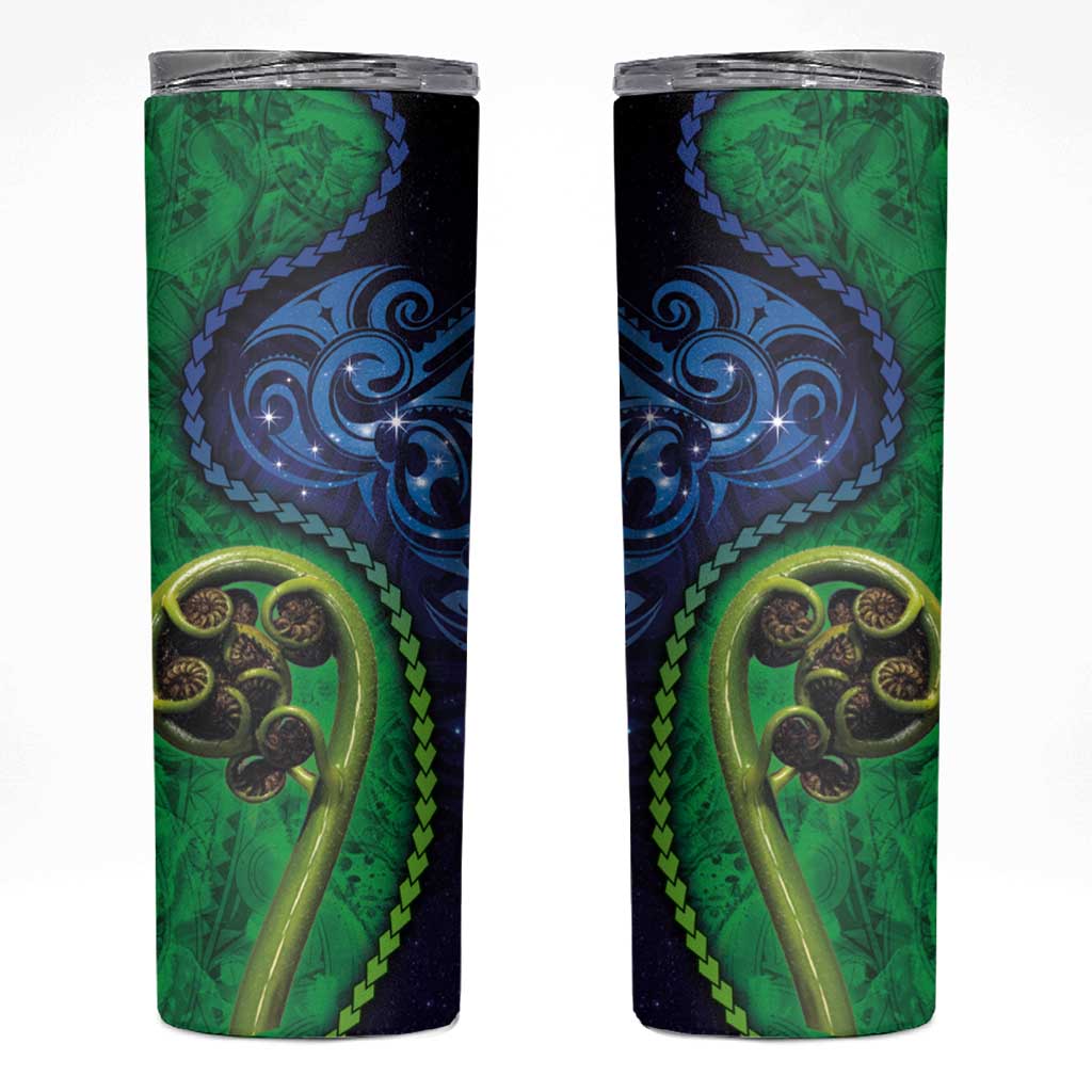 New Zealand Matariki Fern Frond Koru Skinny Tumbler with Galaxy Blue Sky and Green Paua Shell Art