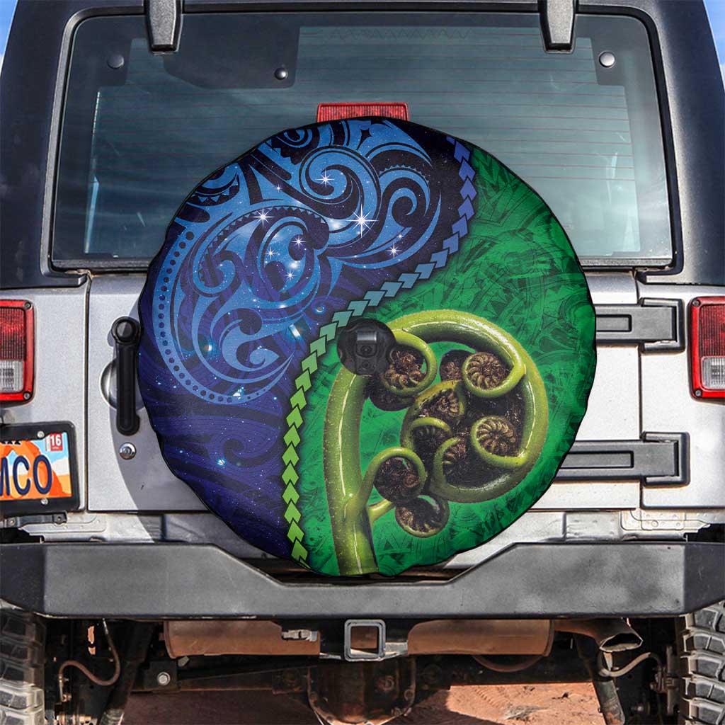 New Zealand Matariki Fern Frond Koru Spare Tire Cover with Galaxy Blue Sky and Green Paua Shell Art