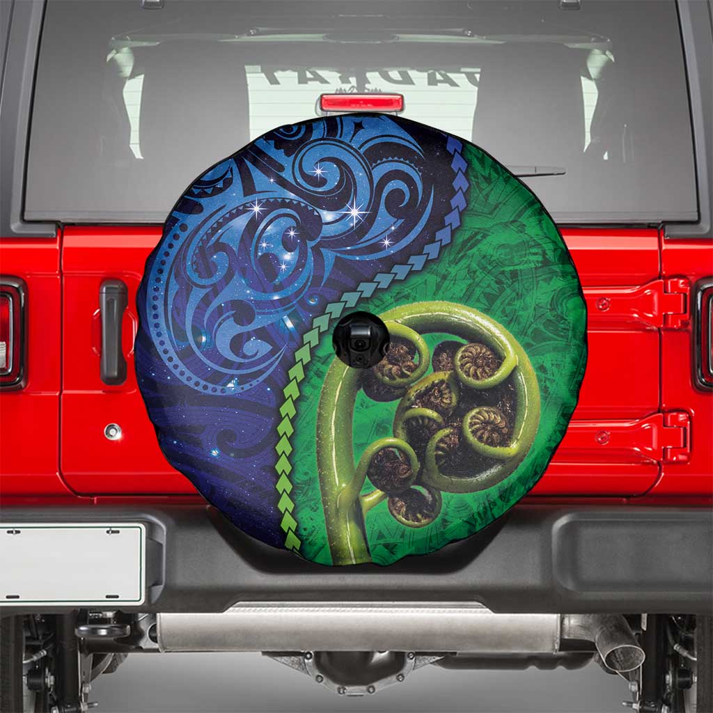 New Zealand Matariki Fern Frond Koru Spare Tire Cover with Galaxy Blue Sky and Green Paua Shell Art