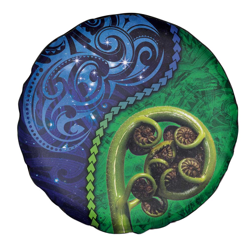 New Zealand Matariki Fern Frond Koru Spare Tire Cover with Galaxy Blue Sky and Green Paua Shell Art