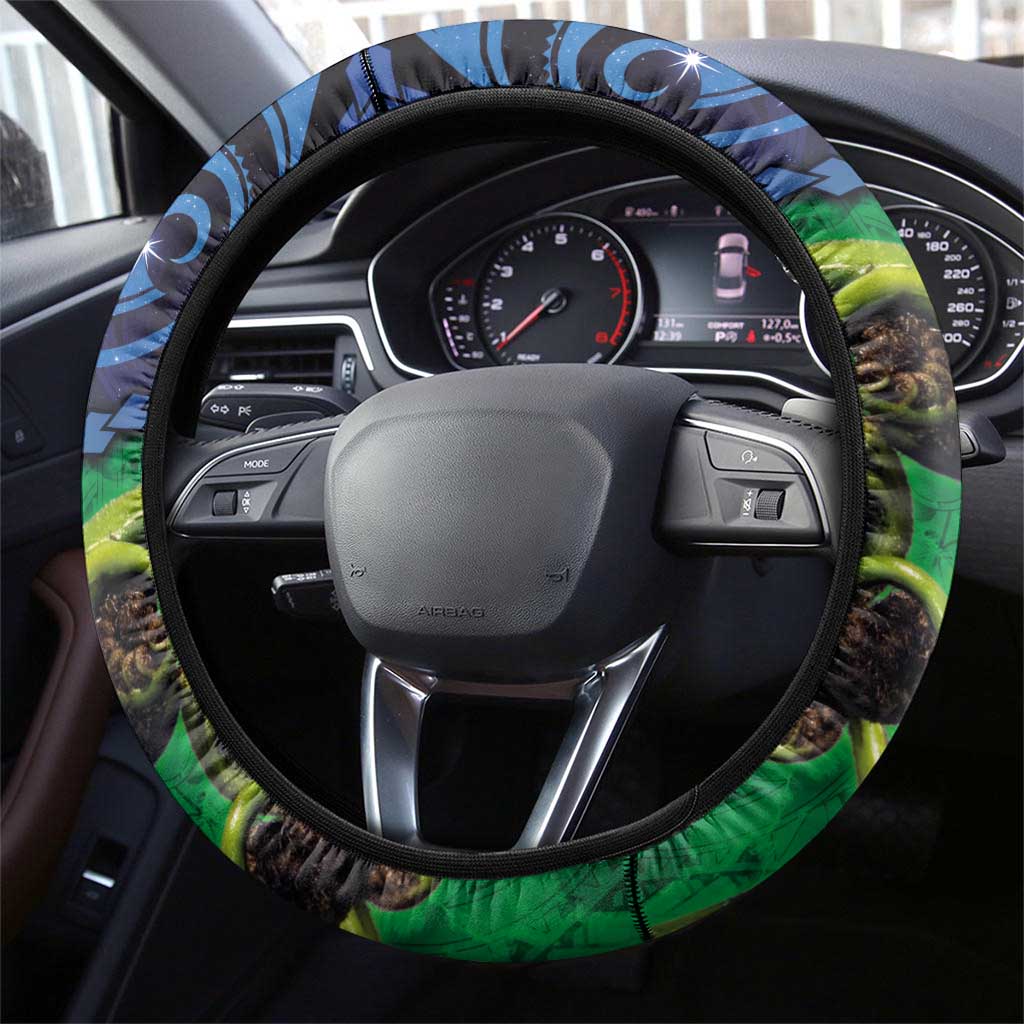 New Zealand Matariki Fern Frond Koru Steering Wheel Cover with Galaxy Blue Sky and Green Paua Shell Art